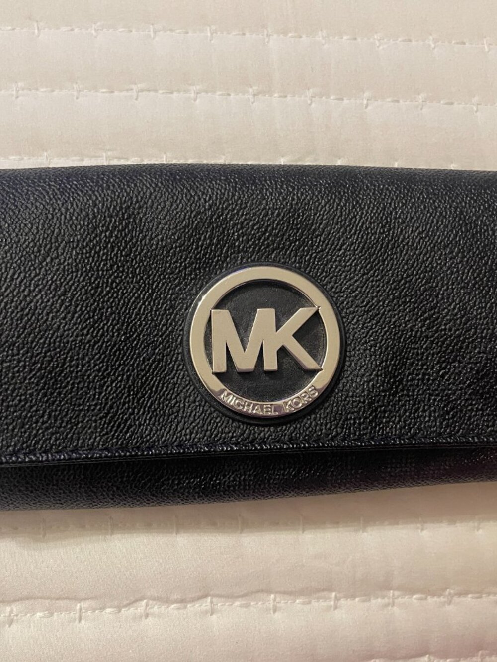 Michael Kors Continental Flap Wallet MK Logo Pattern Magnetic Snap Black Gray